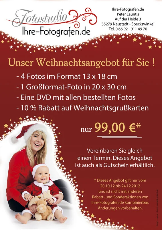 Weihnachtsflyer mit Angebot für ein Fotoshooting und Foto einer Frau mit Nikolausmütze