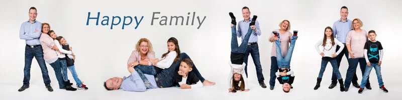 Happy Family Panorama | Peter Lauritis Photography Panorama-Leinwand: Collage einer fünfköpfigen Familie mit Schriftzug Happy Family