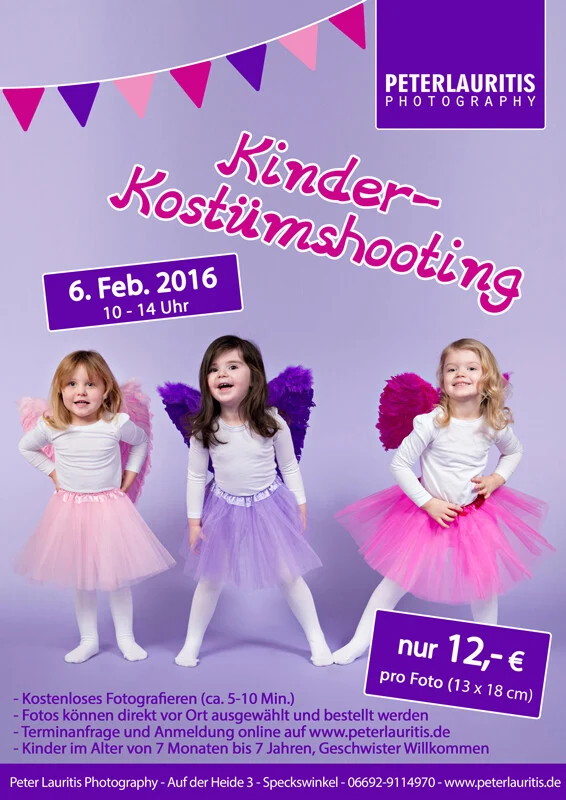 Flyer Kostümshooting | Peter Lauritis Photography Einladung zum Kostümshooting: Flyer mit drei Mädchen in Tüllröcken und Federflügeln