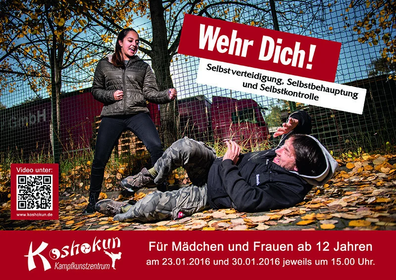 Flyer Wehr Dich | Peter Lauritis Photography Werbefotos für einen Flyer: Frau wehrt Angreifer ab, Schriftzug Wehr Dich