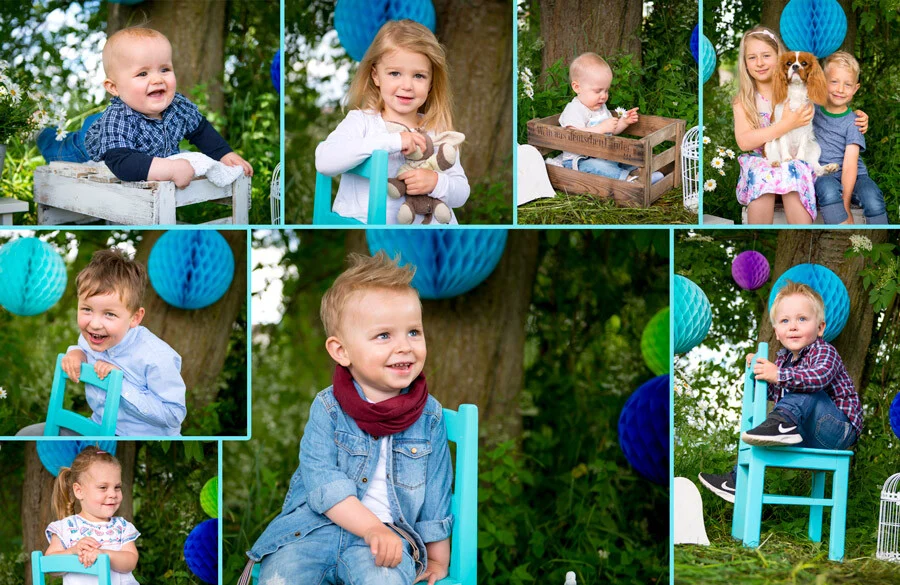 Collage Fotoshooting im Grünen | Peter Lauritis Photography Fotoshooting im Grünen: Collage mit Kindern auf türkisen Stühlen vor Bäumen und Wabenbällen