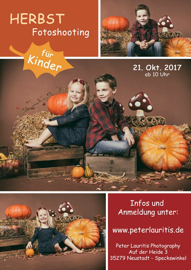Flyer Herbstshooting | Peter Lauritis Photography Herbst-Fotoshooting für Kinder: Flyer mit Geschwistern zwischen Kürbissen und Stroh