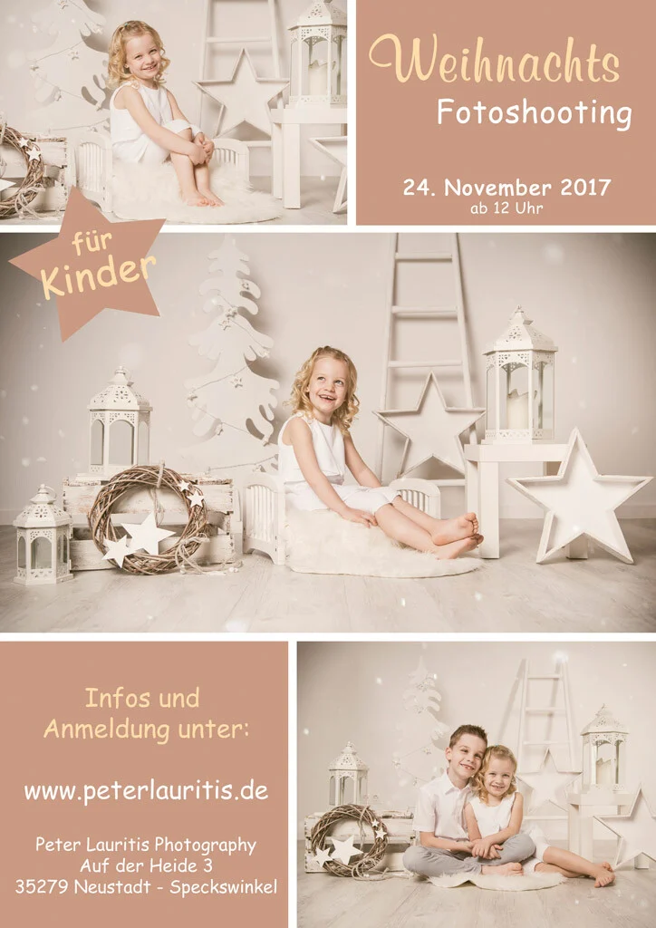 Flyer Weihnachtsfotoshooting | Peter Lauritis Photography Weihnachtsfotoshooting 2017: Flyer mit Mädchen im weißen Kleid vor Sternen und Laternen