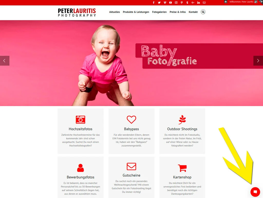 Bildschirmfoto der Website mit einem gelben Pfeil auf ein kleines rotes Symbol unten rechts