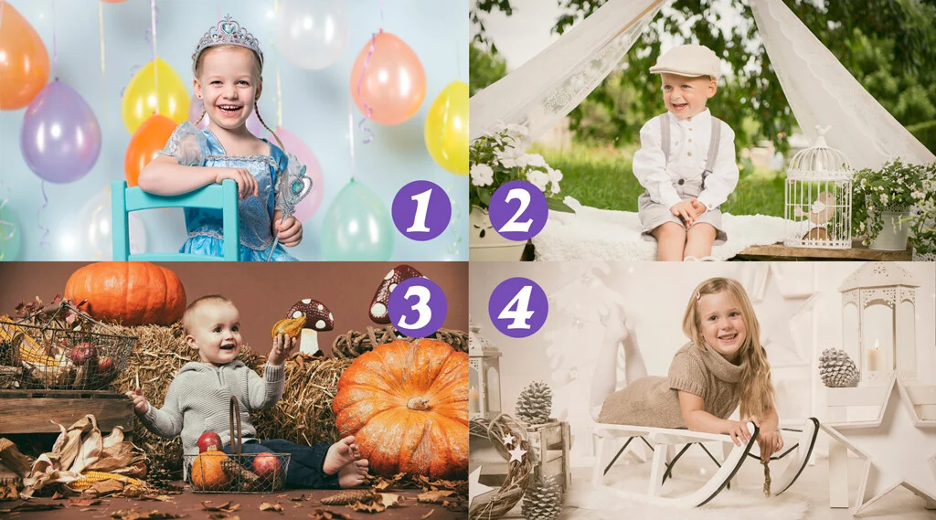 Vier Aktionen | Peter Lauritis Photography Kinder-Fotoaktionen: Collage mit vier Kindern in Fasching-, Vintage-, Herbst- und Winterkulisse