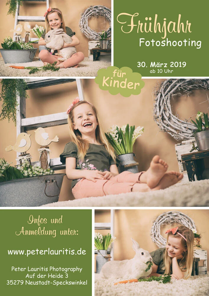 Aktionsflyer | Peter Lauritis Photography Flyer zum Frühjahrs-Kindershooting am 30. März 2019 mit Fotos eines Mädchens und eines Hasen