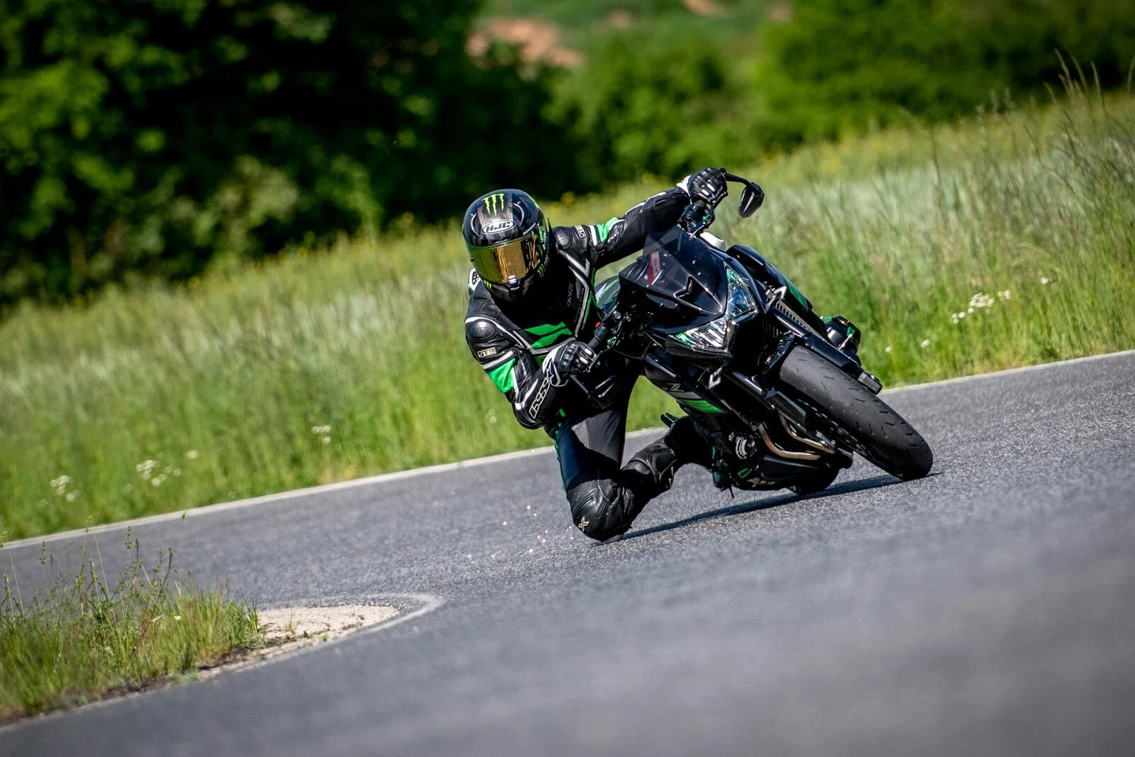 Motorradfahrer mit Knie fast am Asphalt in einer Linkskurve, daneben eine Wiese