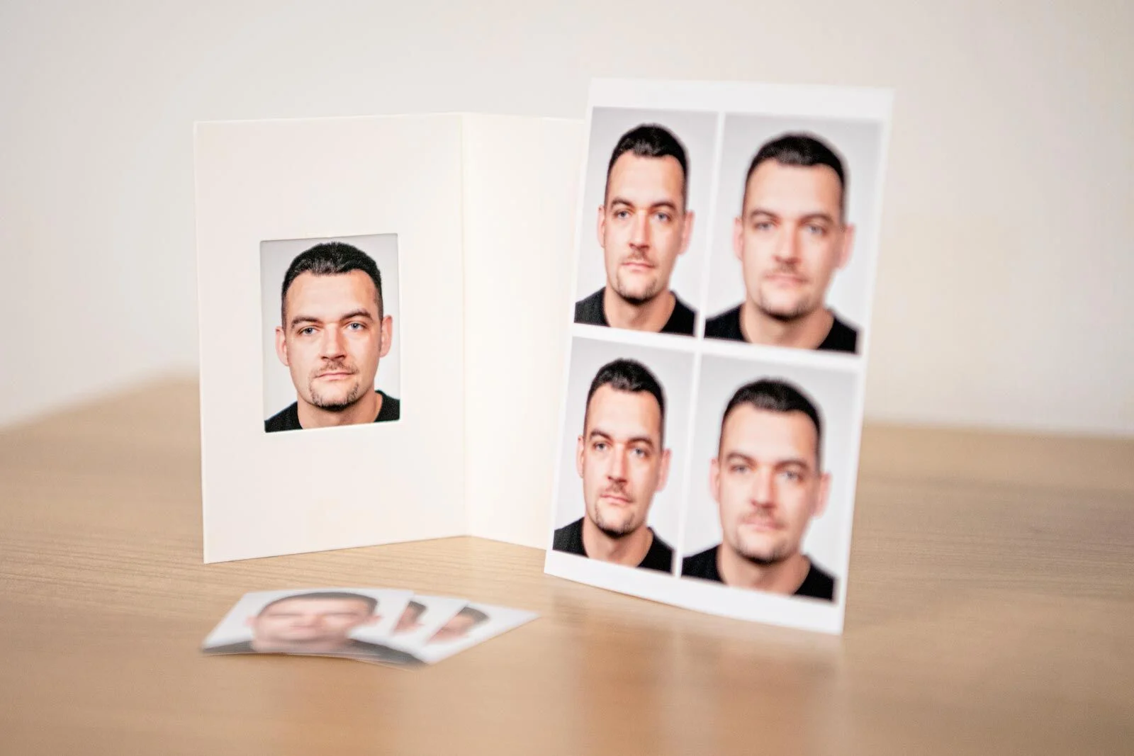 Biometrische Passfotos eines Mannes in einer Papiermappe und als Bogen mit vier Bildern