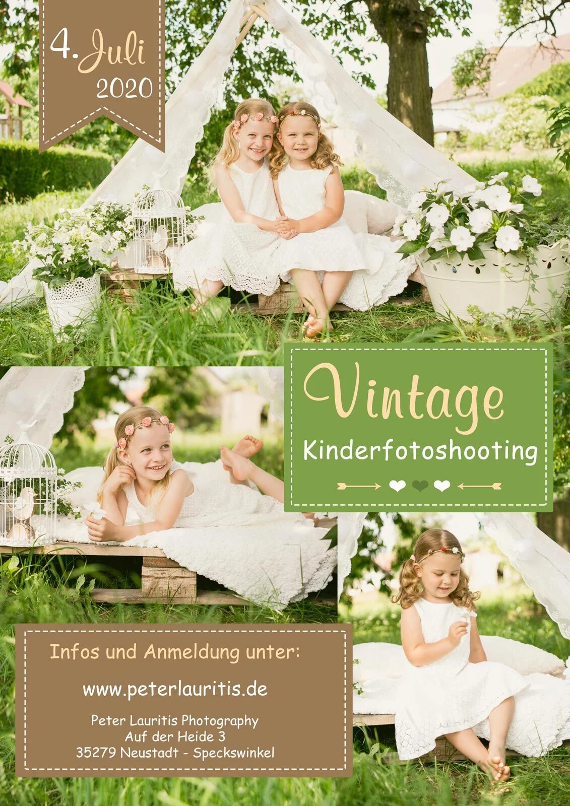 Flyer Vintage 2020 | Peter Lauritis Photography Flyer zum Vintage-Kinderfotoshooting am 4. Juli 2020: Mädchen in Weiß vor einem Spitzenzelt