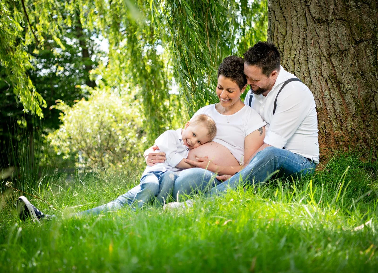 Familie sitzt im Gras unter einer Weide, der kleine Sohn kuschelt sich an den Babybauch