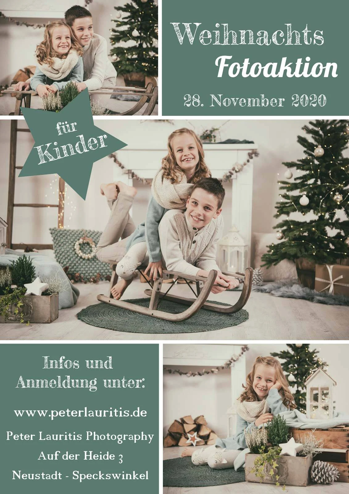 Flyer der Weihnachtsaktion 2020: zwei Kinder auf einem Holzschlitten vor einem Tannenbaum