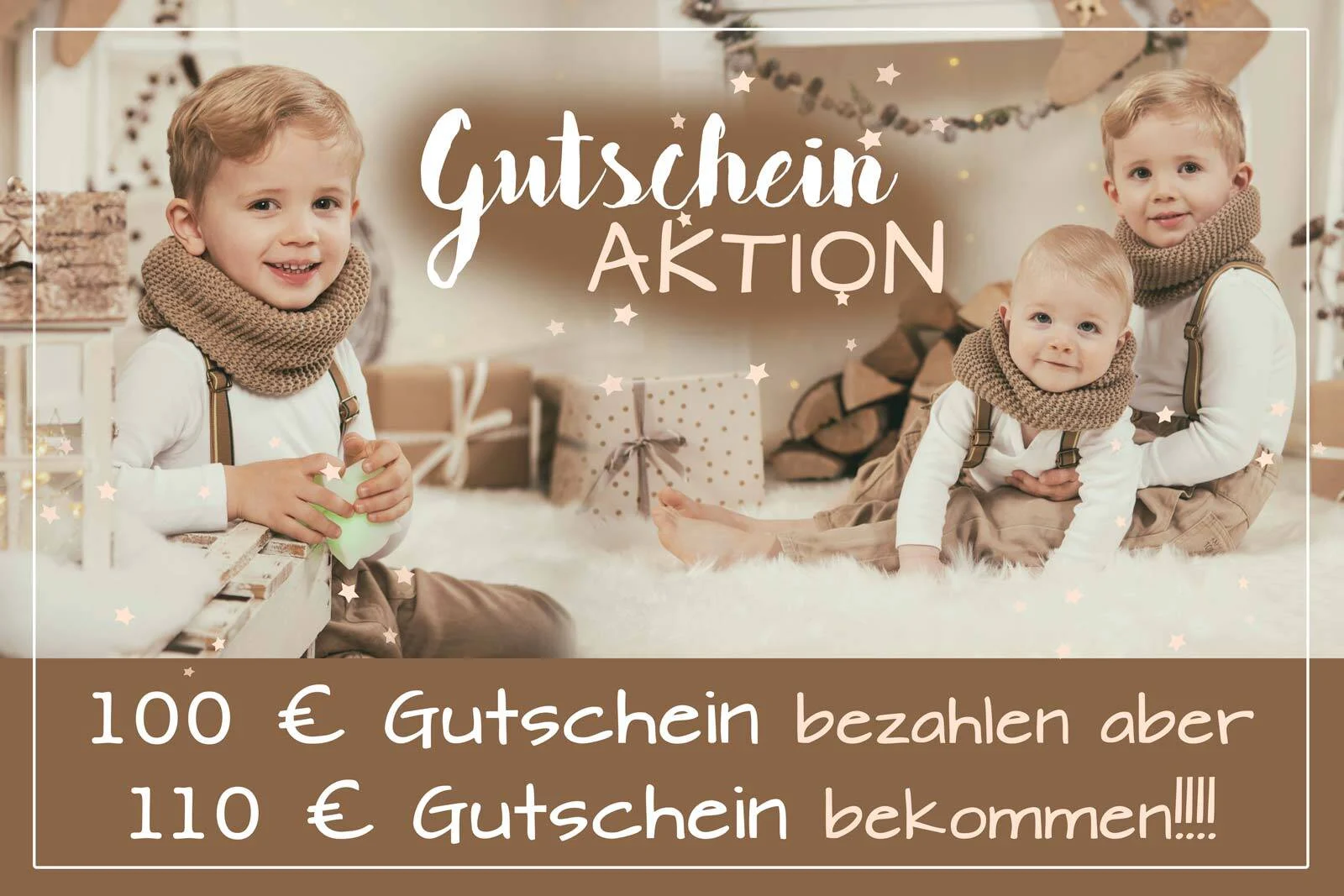 Flyer der Gutscheinaktion 2020: drei Kinder in Winterkleidung, 100 Euro bezahlen, 110 Euro bekommen