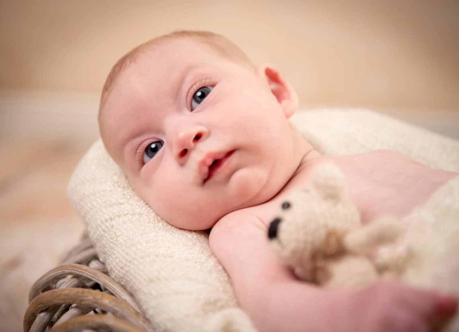 Mit Teddy | Peter Lauritis Photography Baby liegt auf einer cremefarbenen Decke und hält einen kleinen Teddy