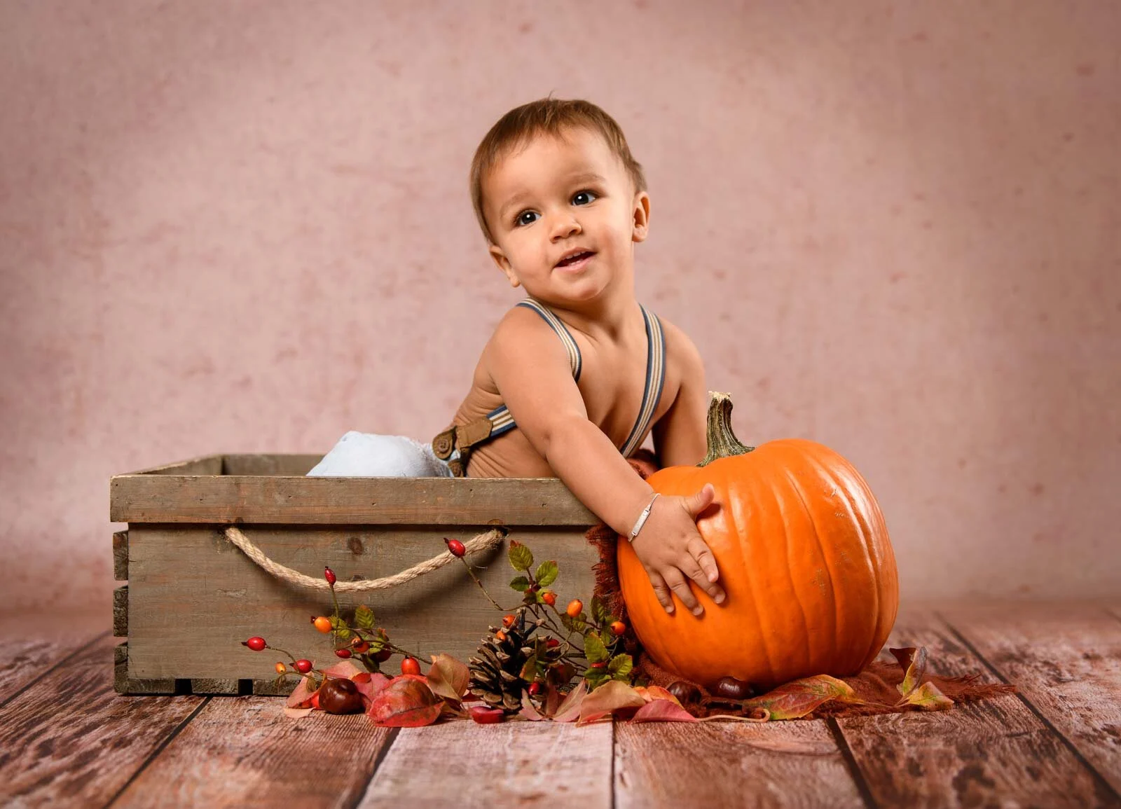 Kinderportraits mit Herbstdeko: Junge in Holzkiste greift nach einem großen Kürbis