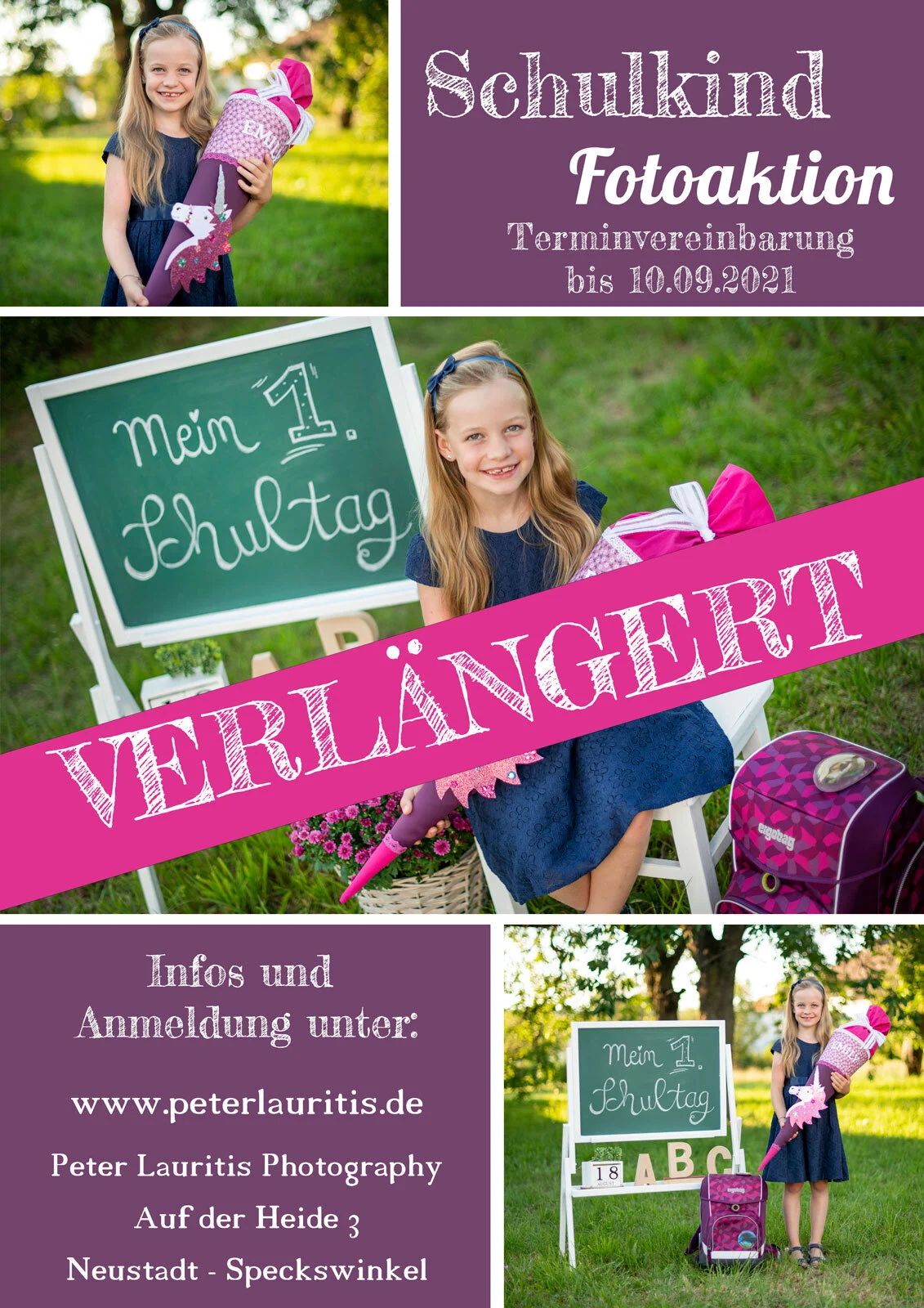 Schulkind Fotoaktion: Flyer mit Mädchen und Schultüte vor der Tafel, Banner Verlängert