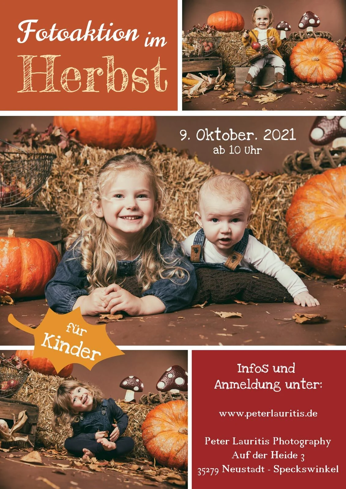 Fotoaktion im Herbst 2021: Flyer mit Kindern zwischen Kürbissen, Stroh und Fliegenpilzen