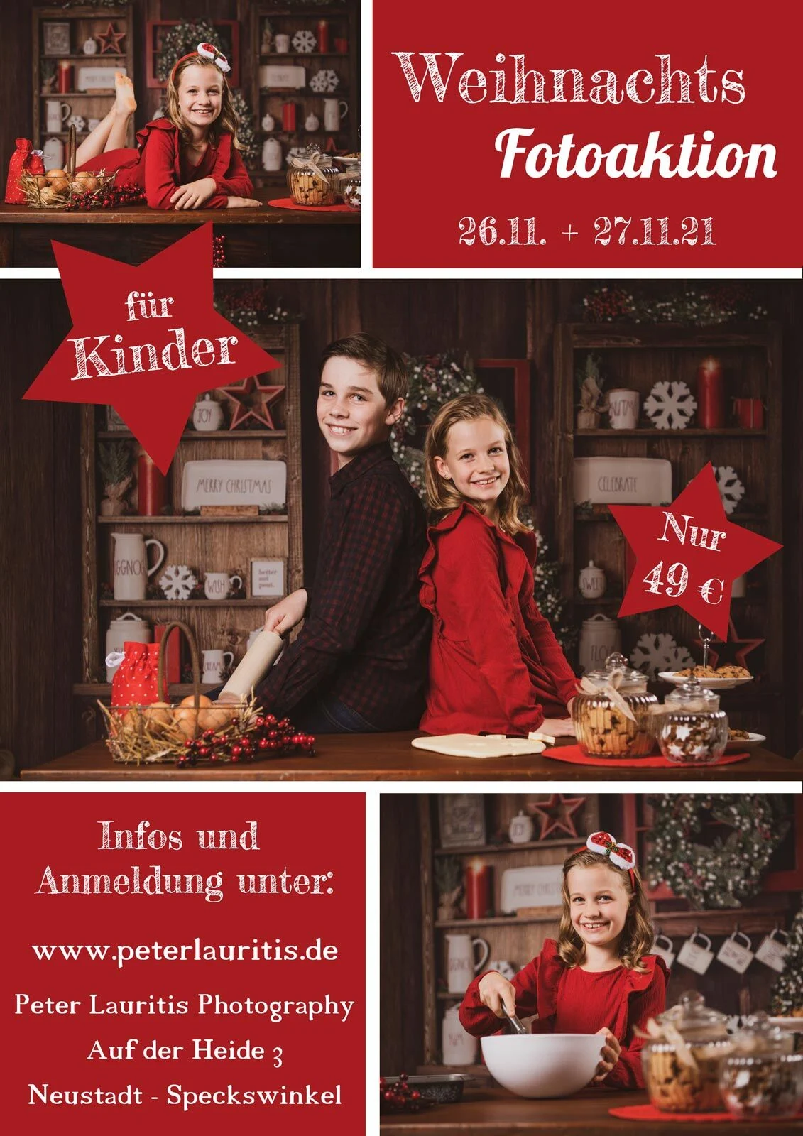Weihnachtsaktion 2021: Flyer mit Kindern in einer Weihnachtsbäckerei-Kulisse