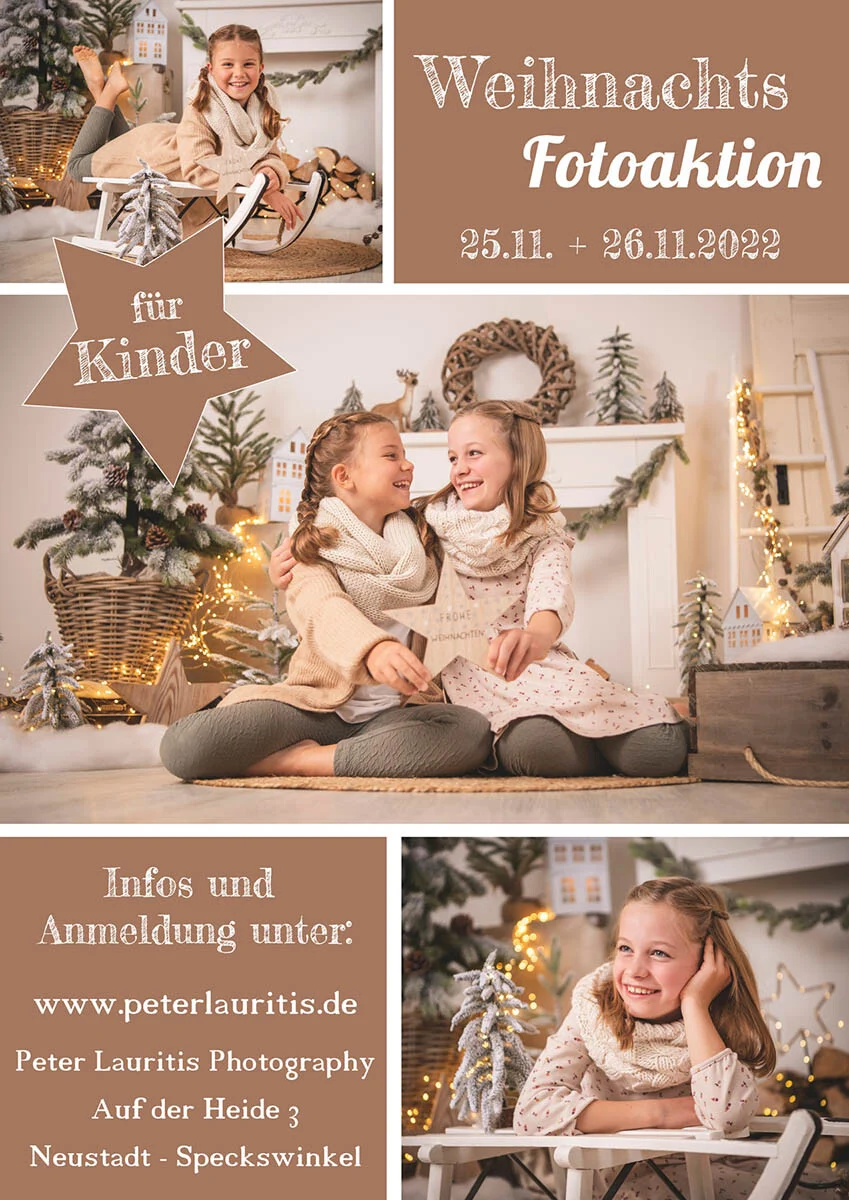 Flyer Weihnachts-Fotoaktion | Peter Lauritis Photography Flyer Weihnachtsaktion 2022 für Kinder am 25. und 26.11. mit drei Fotos vor weihnachtlicher Kulisse