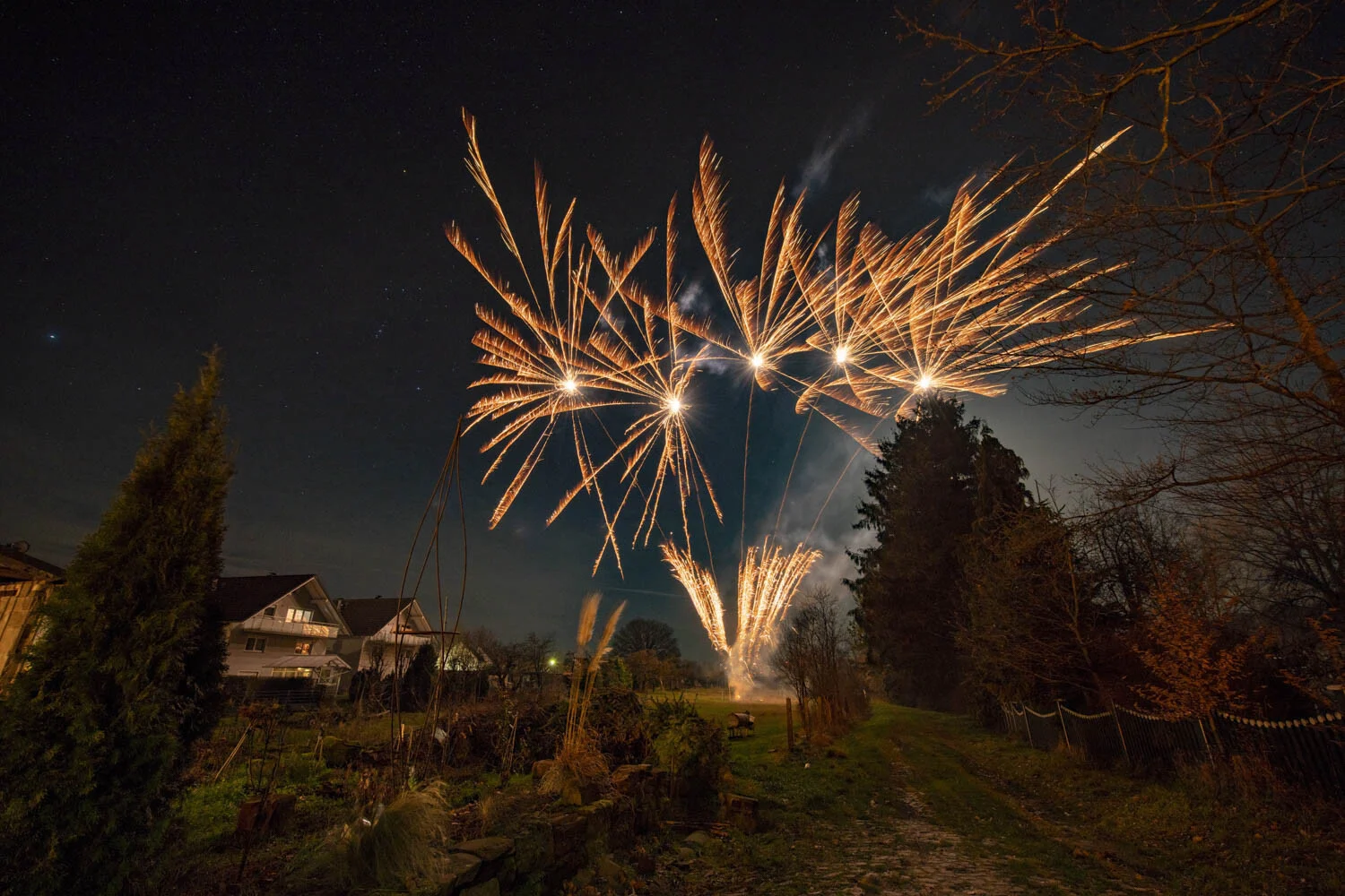 Goldenes Feuerwerk über Häusern und Bäumen in der Silvesternacht