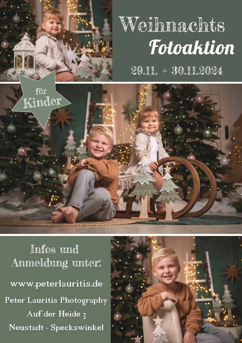 Flyer Weihnachts-Fotoaktion 29. und 30.11.2024 für Kinder mit drei Fotos vor Tannenbäumen