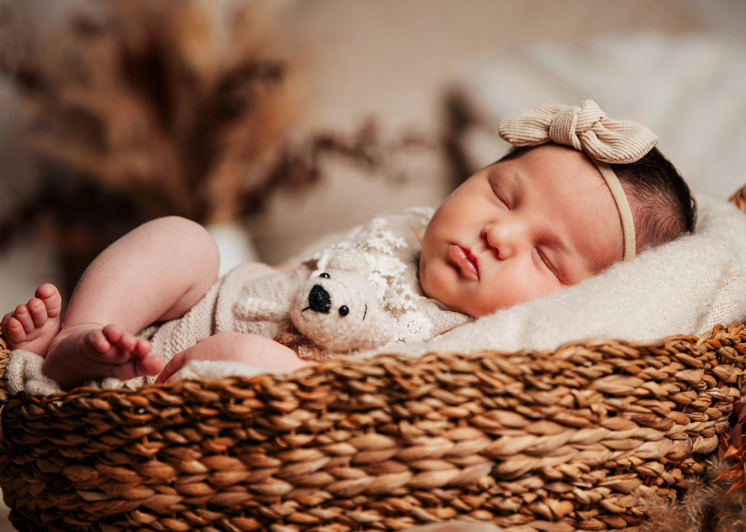 Babyfotos Neugeborene Fotogalerie 033 | Peter Lauritis Photography Schlafendes Baby mit Schleifen-Haarband und Teddy im Korb