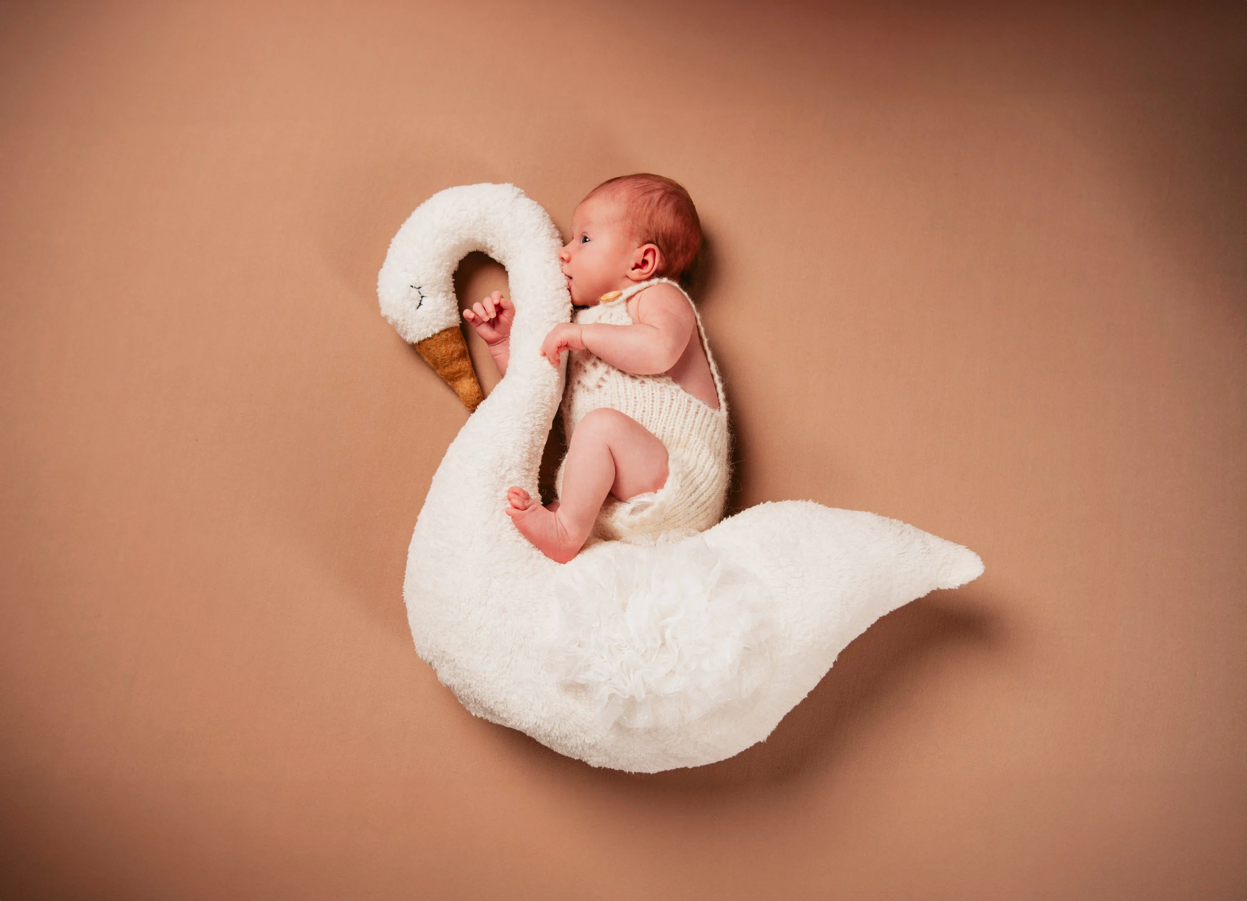 Babyfotos Neugeborene Fotogalerie 055 | Peter Lauritis Photography Neugeborenes im Strickbody liegt auf einem weißen Plüschschwan