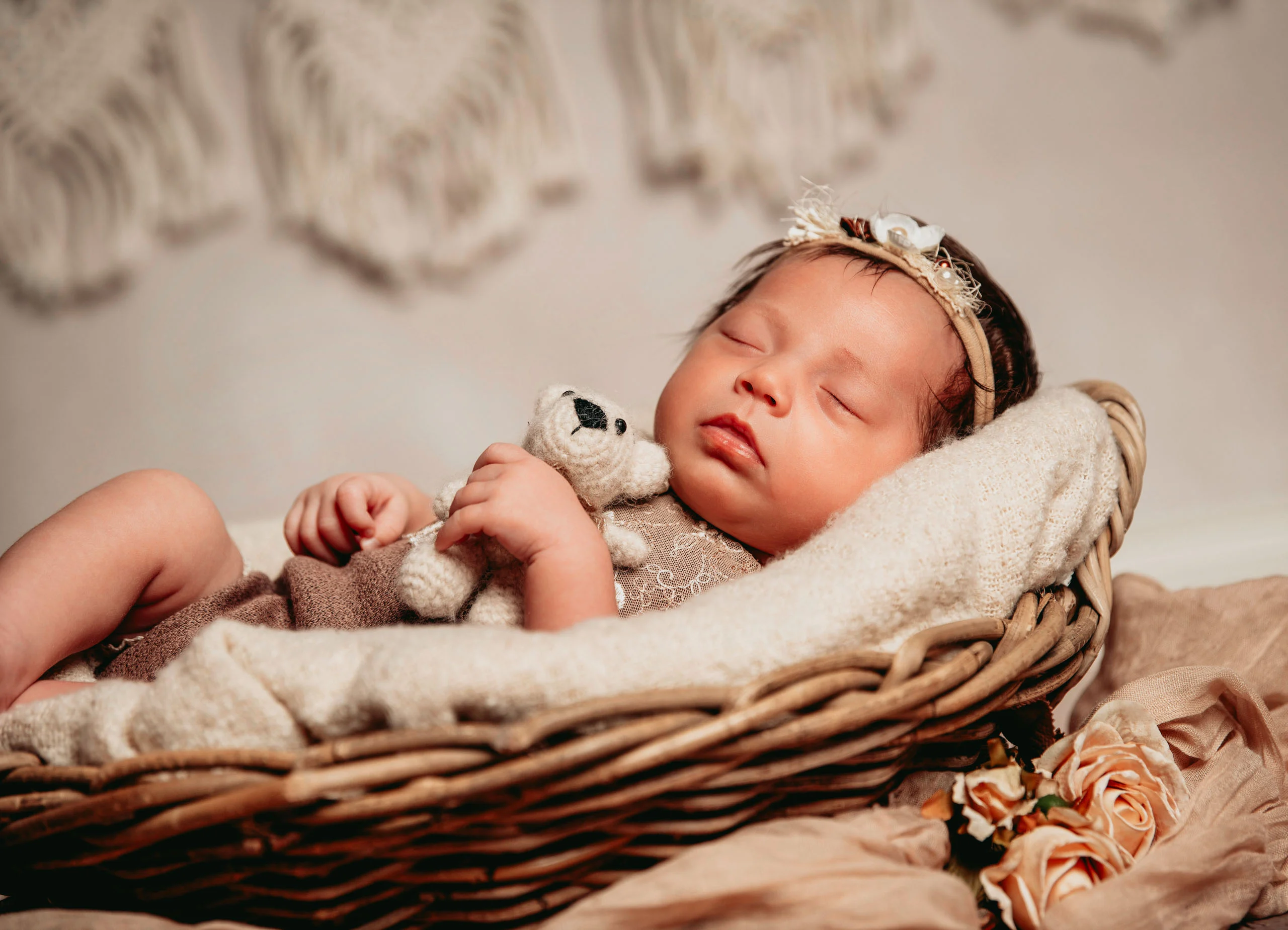 Babyfotos Neugeborene Fotogalerie 075 | Peter Lauritis Photography Schlafendes Neugeborenes mit Teddy im Korb, im Hintergrund Makramee