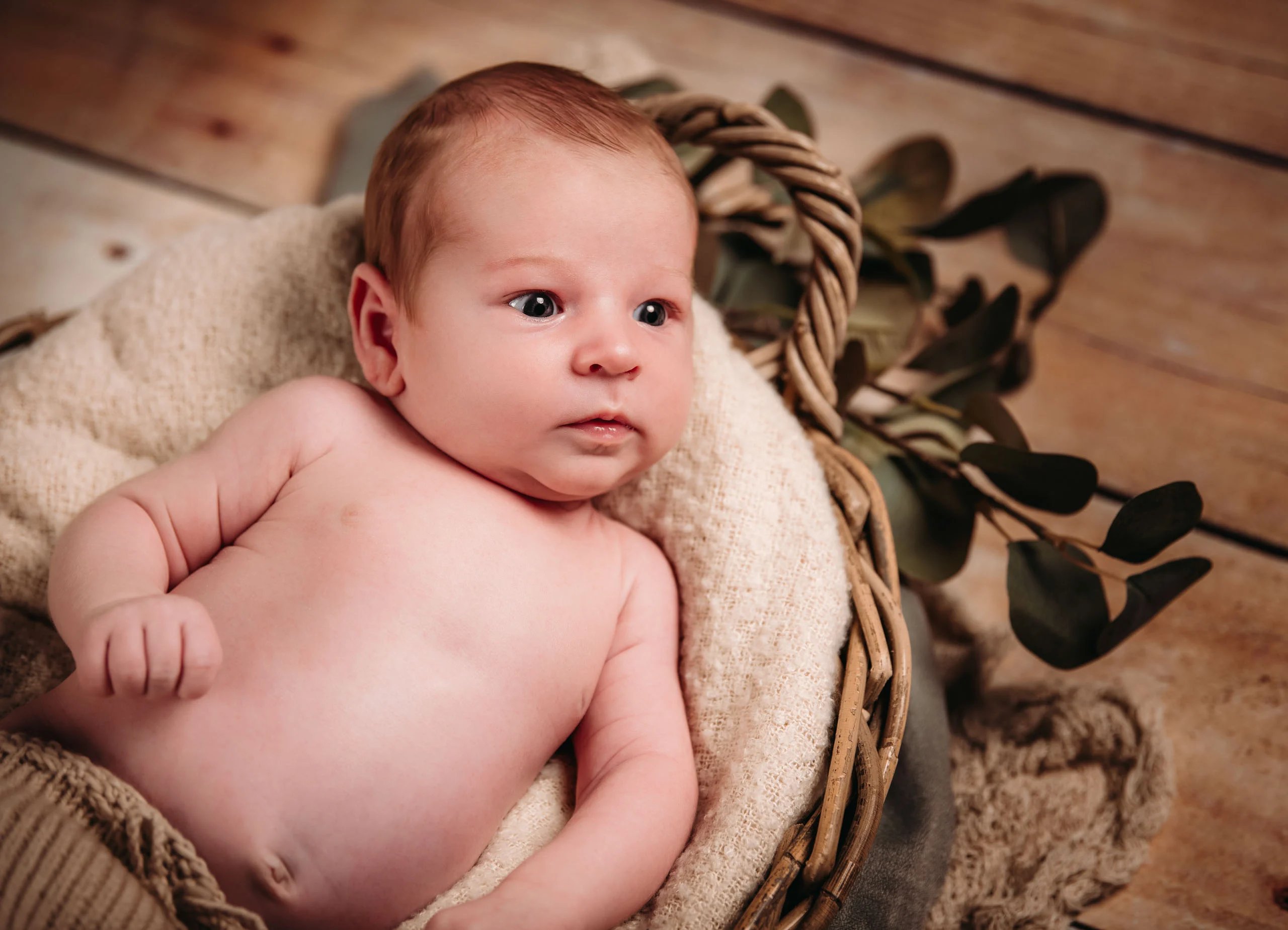 Babyfotos Neugeborene Fotogalerie 090 | Peter Lauritis Photography Neugeborenes liegt wach in einem Korb mit grünen Zweigen