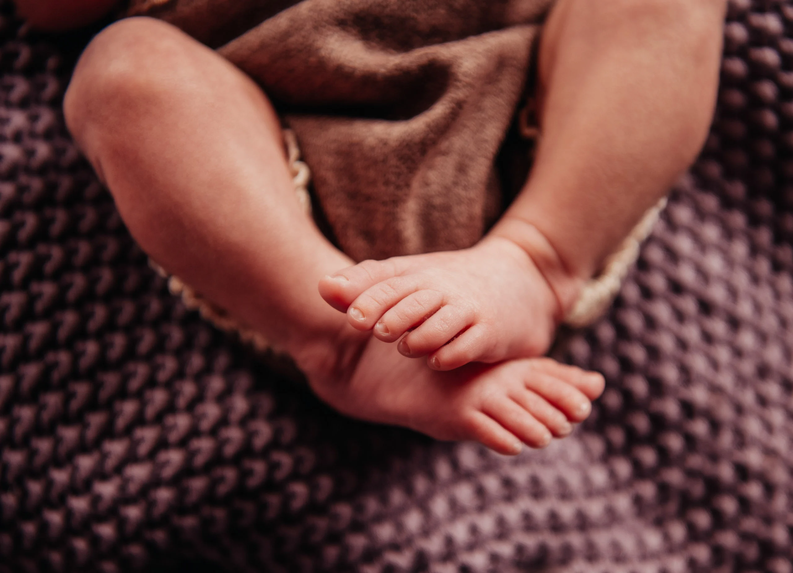 Babyfotos Neugeborene Fotogalerie 103 | Peter Lauritis Photography Nahaufnahme von Babyfüßen auf einer lila Strickdecke