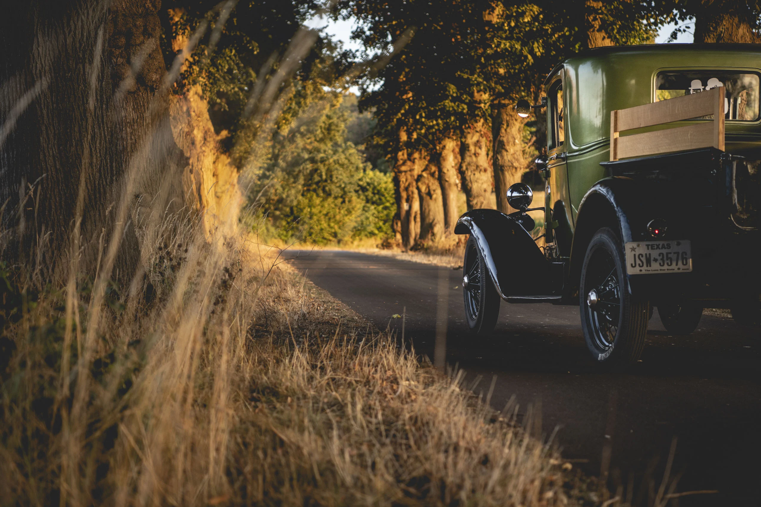 Oldtimer-Pick-up hinter hohem Gras auf einer Allee im warmen Licht