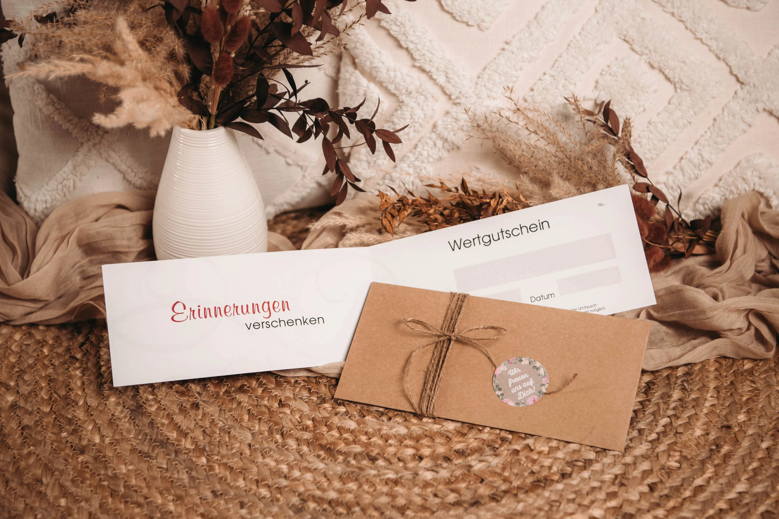 Wertgutschein und Umschlag mit Kordel im Boho-Stil