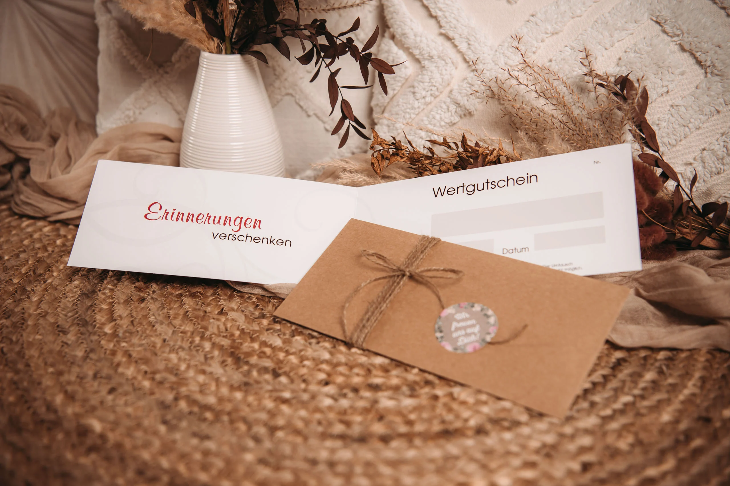 Geschenkgutschein mit Umschlag und Kordel vor Trockenblumen im Fotostudio