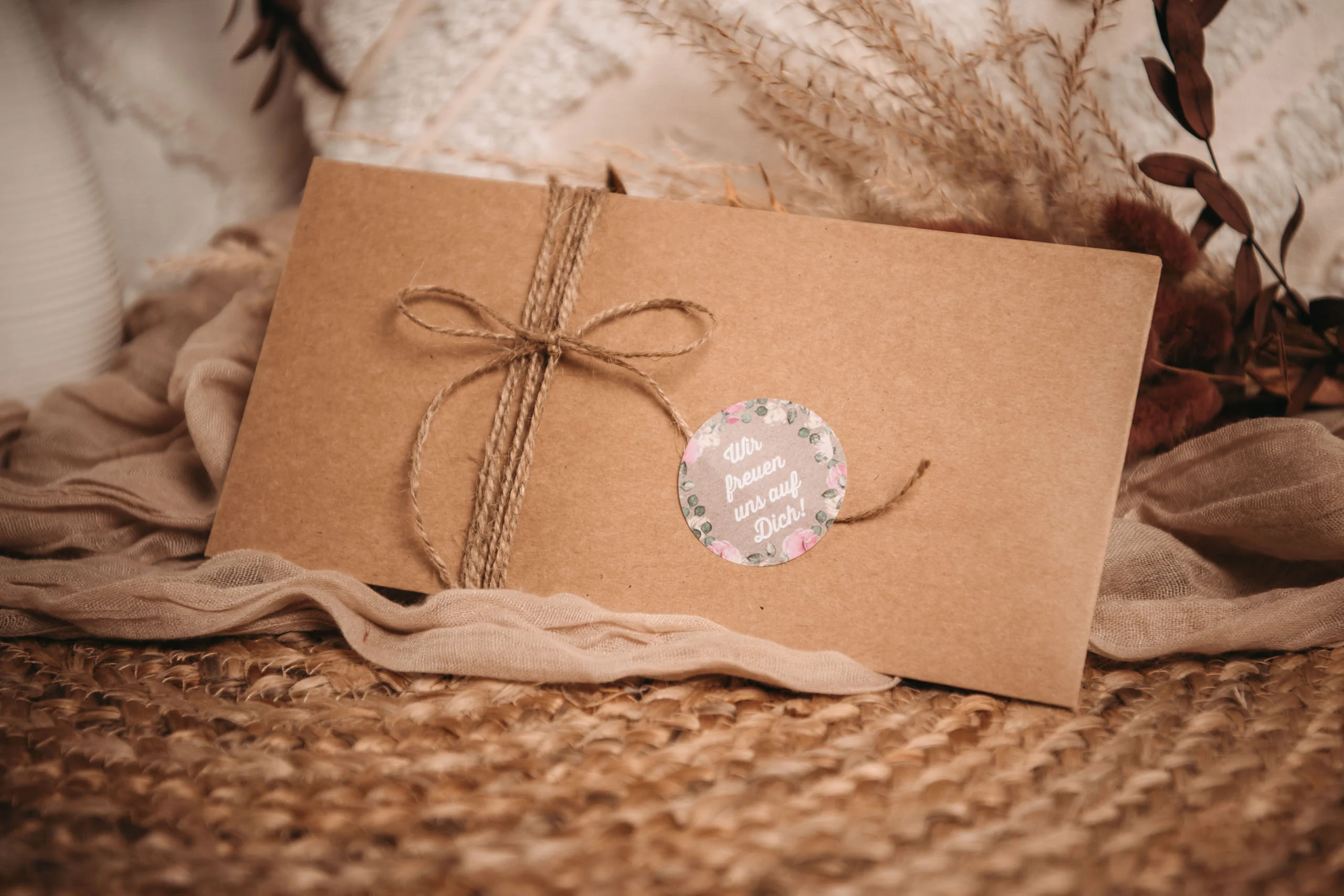 Kraftpapier-Umschlag mit Kordel und Glitzer-Herz als Geschenkverpackung