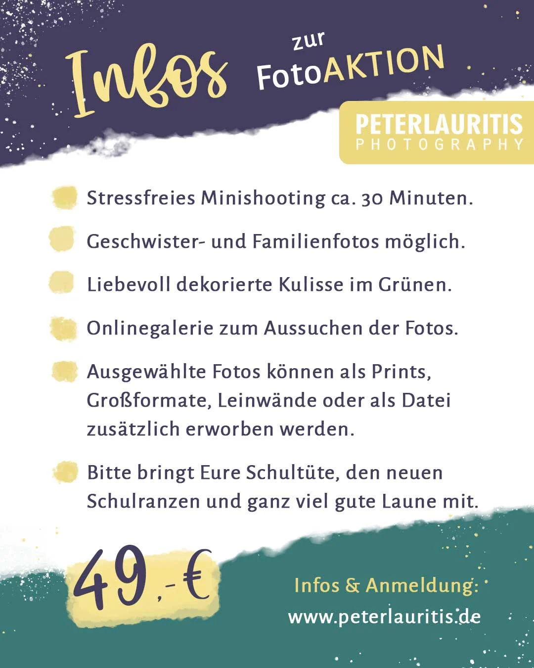 Einschulung Fotoaktion 2025: Infoflyer mit Ablauf, Leistungen und Preis von 49 Euro