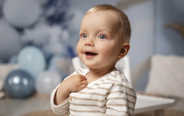 Kinderporträt zum ersten Geburtstag | Peter Lauritis Photography Nahaufnahme eines lachenden einjährigen Jungen im gestreiften Shirt vor unscharfen blauen Luftballons